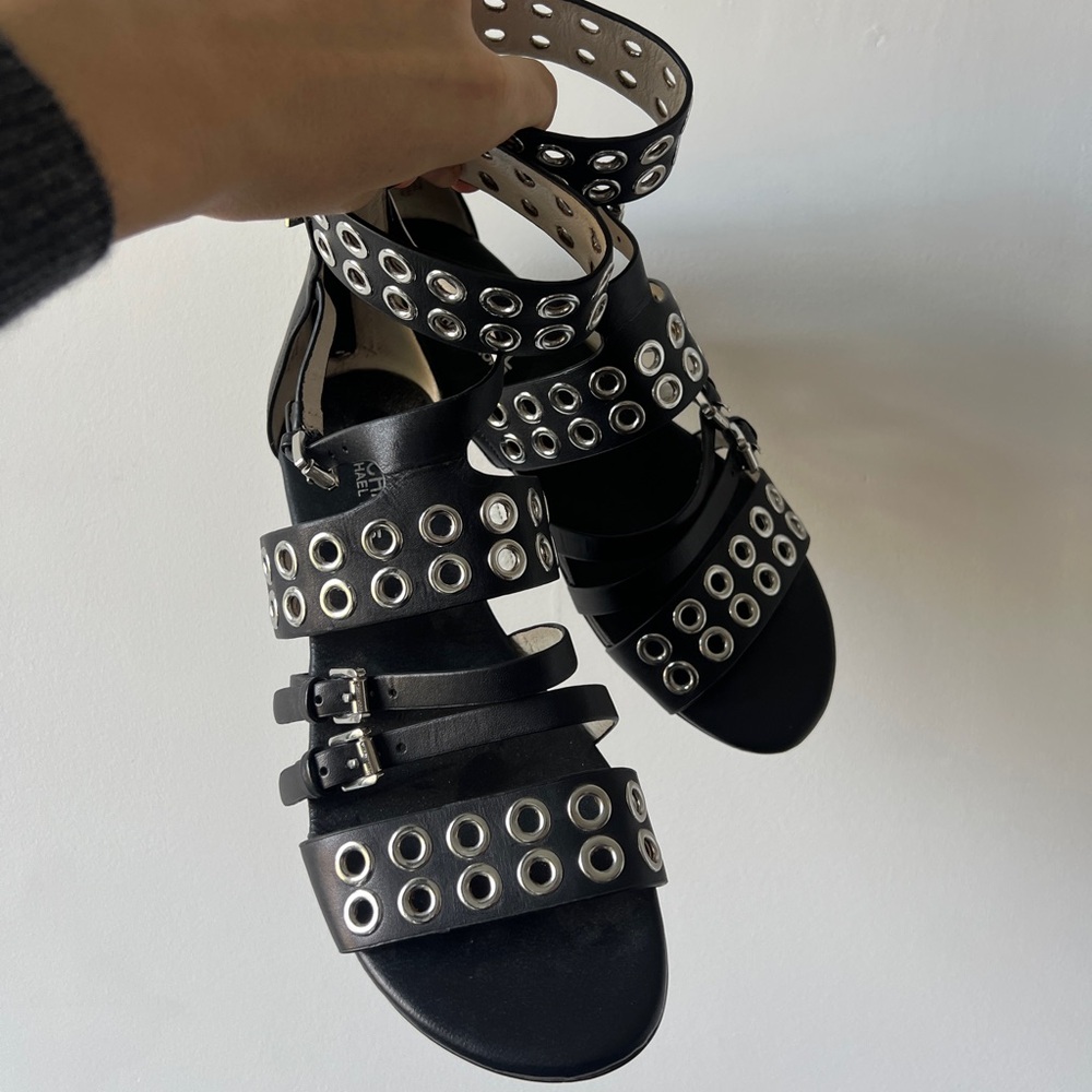 Michael Kors black leather silver eyelet studded multi strap buckle sandals